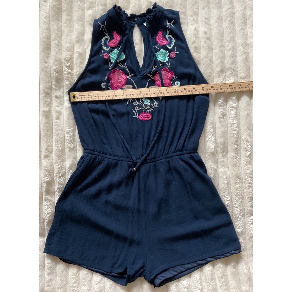 Dizzy Lizzy Navy Blue Floral Embroidered Boho Romper Sleeveless Womens Medium